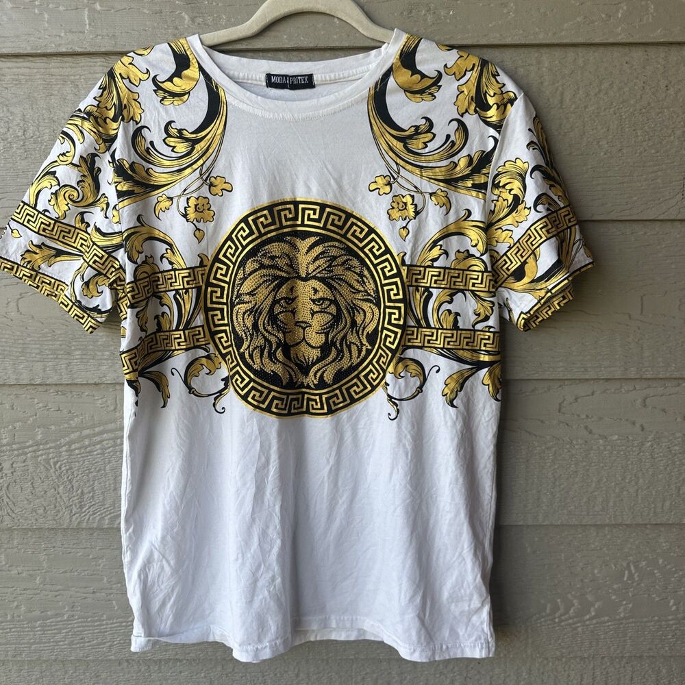 Moda Pritex Men’s Gold Lion Urban Streetwear Rhinestone Greek Key Tee T-Shirt Lg
